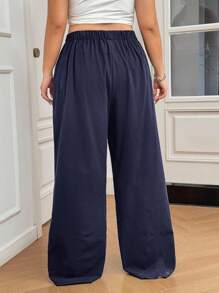 SHEIN EZwear 大码女式纯色抽绳腰阔腿休闲棉质裤 - 藏蓝色 - 查看 2