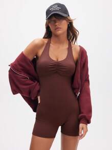 Eassivo Eassivo Women's Brown Halter Neck Ruched Bodysuit,Running Fitness Yoga Exercise Jumpsuit - Coffee Brown - View 2