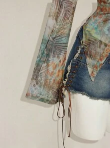 SHEIN ICON Áo thun nữ tay loe in họa tiết cây nhiệt đới phong cách miền Tây cổ điển Boho thời trang mùa thu - Nhiều màu - Xem 5