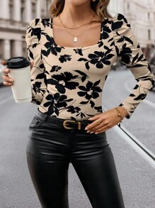 SHEIN Clasi 加大码杏色底黑色方领长袖印花女式T恤 秋季优雅上衣 - 彩色 - 查看 4