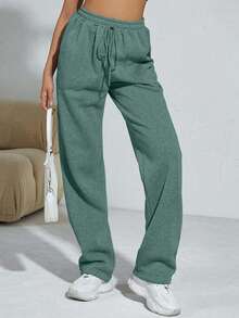 Flirla Quần nỉ ống đứng dáng rộng màu trơn có dây rút túi eo dành cho nữ - Màu xanh Bạc hà - Xem 3