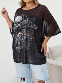 SHEIN CURVE+ 加大码夏季圆领短袖骷髅印花透明简约衬衫，适合女士休闲日常万圣节秋季服装、冬季、CURVE PLUS