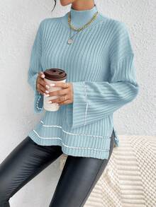 EURMUSE Áo len chui đầu dáng rộng tay dài cổ đứng vai trễ dành cho nữ - Màu xanh Bạc hà - Xem 3