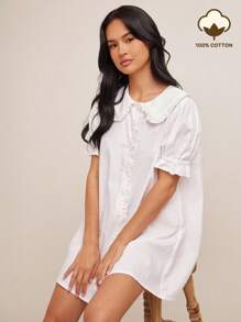 WESTFADE 100% 纯棉荷叶边领短款泡泡袖纽扣迷你A字波西米亚牛仔连衣裙纳什维尔牛仔竞技度假可爱早午餐装