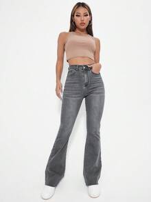 EURMUSE Women's Solid Color Minimalist Daily Wear High Waist Flare Jeans - Grey - View 5