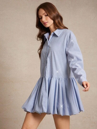WESTFADE Rhinestone Striped Woven Long Puff Button Front Collared Mini Shirt Dress Back To School Cute Fall Summer Country Concert