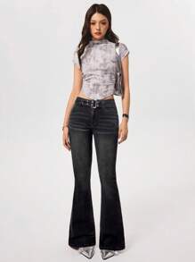 SHEIN EZwear 女式中腰休闲时尚修身纯色喇叭牛仔裤 - 黑色 - 查看 2