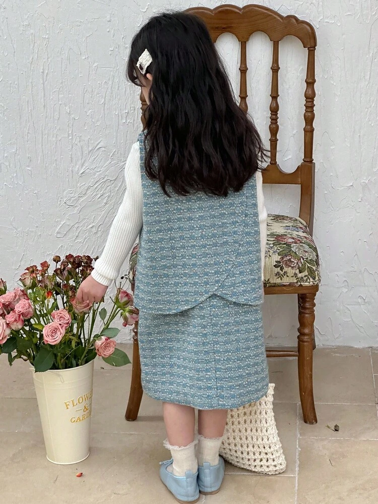 2pcs/Set Young Girl Korean Style Sleeveless Vest And Mini Skirt Outfit
