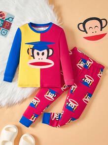 Paul Frank X SHEIN 2 件套小男孩卡通图案拼色圆领长袖上衣和裤子舒适弹力贴身睡衣套装 - 彩色 - 查看 3