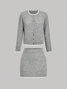 Skyraze 女士长袖单排扣开衫和 A 字裙套装，灰色 - 灰色 - 查看 2