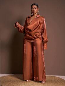 Veslaya Bộ đồ 2 mảnh dành cho nữ cỡ lớn, thanh lịch, gợi cảm, dáng rộng, tay phồng, cổ chữ V sâu, vạt cong, kết hợp áo sơ mi và quần ống rộng dài, chất liệu chiffon, dành cho mùa Xuân/Thu - B - màu nâu - Xem 4