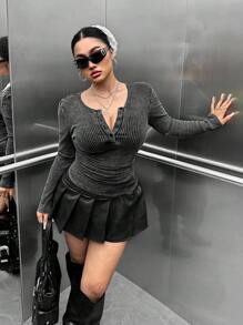 Muchica 大码休闲复古水洗修身长袖T恤 - 黑色 - 查看 5