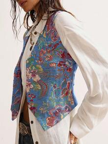 Bohemela Chaleco casual con estampado floral de jacquard, chaqueta bohemia de vacaciones con trenzas para otoño/invierno - Multicolor - Ver 3