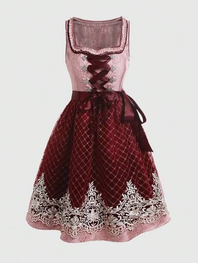 SHEIN Frenchy Damska sukienka bez rękawów w kolorze czerwonym, z trójwymiarowym haftem w talii, wiązana z przodu, z kwiatowym haftem, falbanką i wiązaniem, odzież w bawarskim stylu na Oktoberfest, strój świąteczny, sukienka Dirndl, niemiecka sukienka, sukienka na Oktoberfest, sukienka wiejska dla kobiet, Dirndl damska, elegancka sukienka bez rękawów z siateczki z kwiatowym haftem, Dirndl na Oktoberfest, haftowana koronkowa sukienka w stylu retro dworskim, tradycyjna niemiecka sukienka, bawarska sukienka w kolorze bordowym, sukienka sznurowana w kolorze wina, sukienka bordowa, Dirndl XL, Dirndl Kleid Pink/Dirndl Kleid Rosa