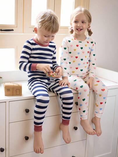 2pcs/Set Young Girl Colorful Heart & Dopamine Print Long Sleeve Top And Leggings Pajama Set, Snug Fit Young Girls Pj Sets, Navy Blue, Autumn, Night Sleepwear
