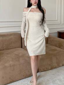Modelyn Textured Fabric Tie-Strap Off Shoulder Cinched Waist Straight Mini Dress Fall Cloth For Women - Apricot - View 6