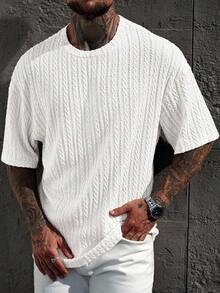 Manfinity CasualCool 男士夏季圆领短袖休闲宽松针织提花T恤男针织上衣男士白色T恤男士针织衫男白色针织T恤纹理T恤男 - 白色 - 查看 6