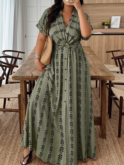 Breezaya Plus Size Geometric Print Dress, Random Print