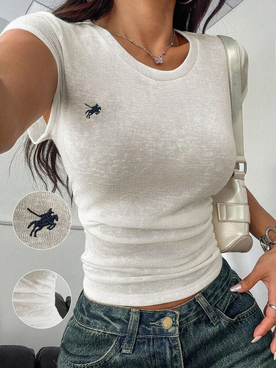 Chiquease Solid Color Round Neck Short Sleeved Elegant Spring/Summer Ladies' Top All White Clothes For University - White - View 1