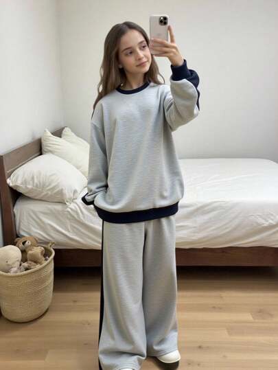 2 件套青少年女孩休闲运动家居服运动衫和阔腿运动裤套装，拼色超大圆领长袖连帽衫和裤子返校装，灰色和海军蓝