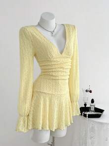 SHEIN Unity 2pcs Women's Casual Daily Solid Color Knitted Textured Cream Yellow Deep V Bubble Ruffle Long Sleeve Fashion Mini Dress + Safety Shorts, Autumn - Yellow - View 3