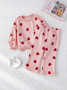 Cozy Pixies 2 件套女婴心形图案针织柔软圆领长袖运动衫和松紧腰喇叭裤套装 - 彩色 - 查看 3