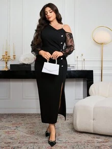 Modelyn Elegantes Kleid in Große Größen für Damen mit Schulter-Stickerei und Patchwork, figurbetont