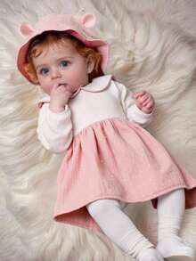SHEIN 2pcs Baby Girls' Fashion Cute Long Sleeve Dress & Hat Set - Pink - View 3