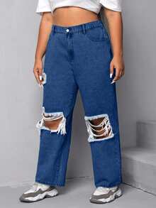 EURMUSE Plus Size Women High Waist Pockets Wide Leg Distressed Casual Jeans - Medium Wash - View 4