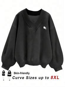 SHEIN CURVE+ Curves Plus Size/Chool Clothes/Back To School Clothes /Back To SchoolPlus Size Women's Casual Simple Black V-Neck Loose Fit Sweatshirt, Suitable For Autumn/Winter Plus Size Sweatshirts Plus Size Sweatshirt Women Black Sweatshirt V-Neck Sweatshirt Plus Size Top Fall/Autumn /Winter