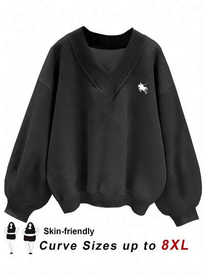 SHEIN CURVE+ Curves 大码/学校服装/返校服装/返校大码女式休闲简约黑色 V 领宽松运动衫，适合秋冬季大码运动衫大码运动衫女式黑色运动衫 V 领运动衫大码上衣秋冬