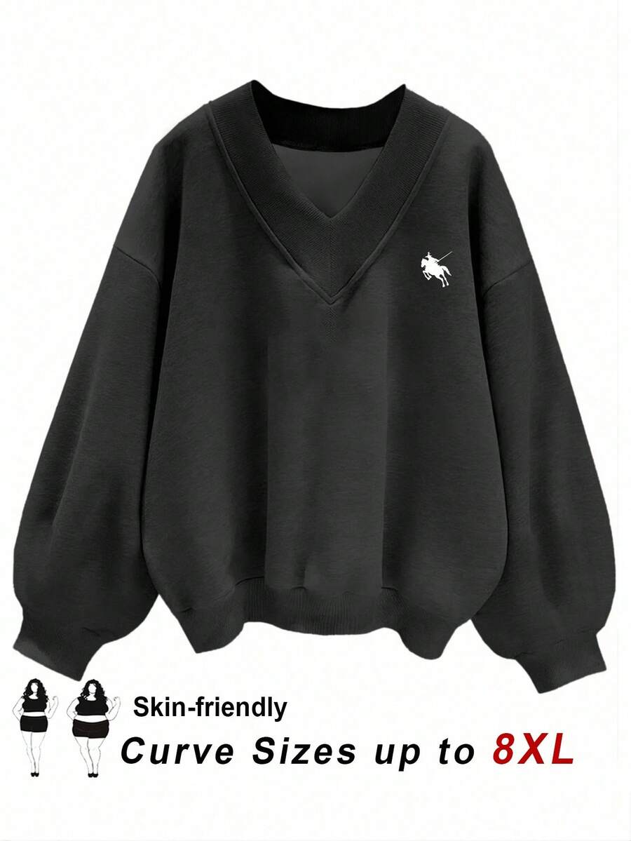 SHEIN CURVE+ Curves Plus Size/Chool Clothes/Back To School Clothes /Back To SchoolPlus Size Women's Casual Simple Black V-Neck Loose Fit Sweatshirt, Suitable For Autumn/Winter Plus Size Sweatshirts Plus Size Sweatshirt Women Black Sweatshirt V-Neck Sweatshirt Plus Size Top Fall/Autumn /Winter