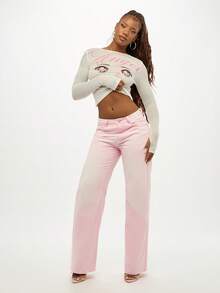 SUMWON WOMEN Quần jeans ống rộng cạp cao phong cách Y2K cổ điển, vừa vặn, thời trang - Hồng - Xem 3