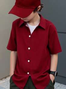 SHEIN Cậu bé Tween Giải trí Thoải mái Màu thuần Ngắn tay Áo sơ mi - Đỏ - Xem 5