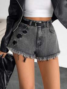 EURMUSE High Waist Frayed Hem Denim Shorts, Fashionable For Summer Women Short Outfits Short Jeans Women Summer Outfits Summer Outfits For Women Women Summer Clothing Women Plus Clothing Shorts Women S Bottoms Woman S Summer Clothes Women Short Sets - Dark Grey - View 4