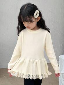 DAZY Young Girls Round Neck Ruffle Hem Loose Long Sleeve Sweater - Apricot - View 1