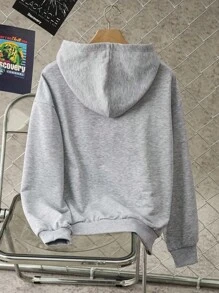 Discovery X SHEIN Women's Letter & Dinosaur Pattern Hooded Long Sleeve Sweatshirt - Light Grey - View 2