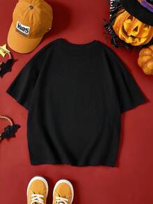 Paul Frank X SHEIN Tween Girl Halloween Cartoon Pumpkin & Bat Graphic Round Neck Loose Fit Short Sleeve Black T-Shirt - Black - View 2