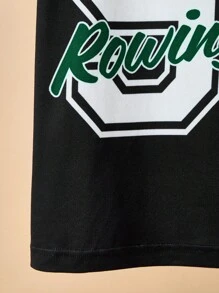 Paul Frank X SHEIN 青少年男孩运动休闲字母和数字印花 V 领短袖 T 恤，黑色和绿色