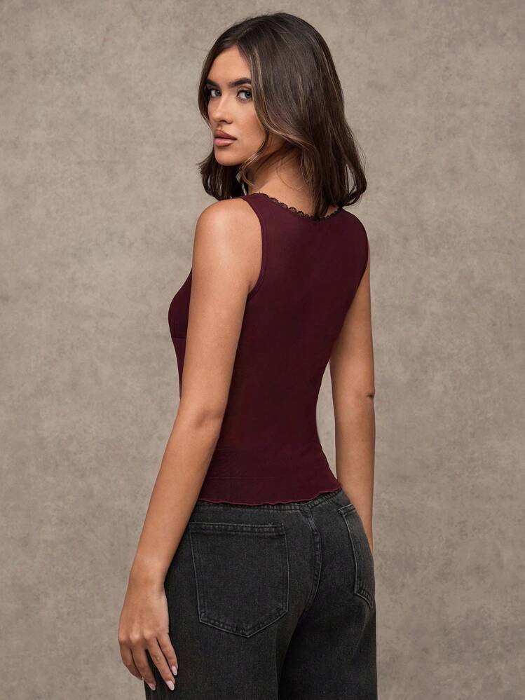 SHEIN BAE Summer Sexy Floral Print Leopard Retro Pattern Lace Women's Slim Fit Long Tank Dress - Burgundy - View 2