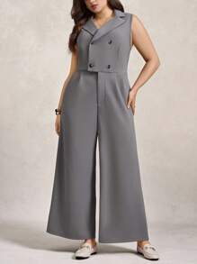 Zelara Plus Size Grey Solid Sleeveless Jumpsuit For Summer,Casual Bussines Semi Formal Work Clothes,Women Lapel Button Stretchy Homecoming Professional Sets - Grey - View 6