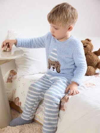 2pcs Young Boy Blue Long Sleeve Cartoon Dog Embroidered Fleece Casual Pajama Set, Winter Kids Loungewear Pajamas For Kids Kids Pajamas Plush Pajamas For Kids Sleepwear Kids Fall