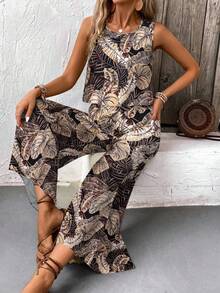 EMERY ROSE Bohemian Style Vintage Print Round Neck Crop Top And Wide Leg Pants 2 Pieces Set, Summer Beach Vacation Casual Outfit For Women - Multicolor - View 3