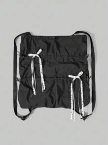 ROMWE Grunge Punk Y2K Cute & Sexy Bow Drawstring Backpack, Minimalist Silver Tech-Inspired Cinch Pouch, Waterproof Lightweight Large Capacity Foldable Storage Bag, Gym Bag, Suitable For Casual, Travel, Commute And Daily Use - Black - View 2