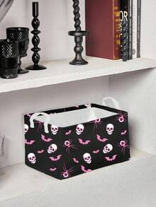 ROMWE Goth 1pc Halloween Black Background All-Over Eye, Spider, Skull, Bat Print Storage Basket, Suitable For Bedroom, Living Room, Bathroom - Black - View 5