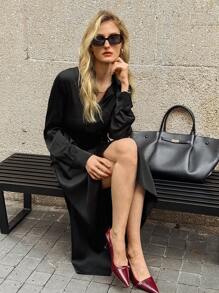 Elyressa 法式优雅派对缎面压花开襟秋季女士黑色长袖连衣裙 - 黑色 - 查看 5