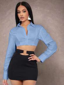 EURMUSE Áo sơ mi dài tay cài nút màu trơn đơn giản dành cho nữ - Màu xanh nhạt - Xem 6