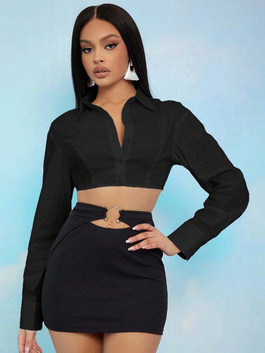 EURMUSE Camisa super curta de manga comprida e cor sólida da moda - Preto - Ver 1