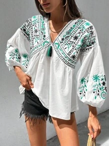 SHEIN Cottnline Blouse With Flower Embroidery, Lantern Sleeves - White - View 5