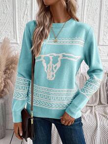 EURMUSE Runder Kragen Kontrast Farbe Ochsenmuster Lässiger bequemer Pullover Pullover für Herbst/Winter